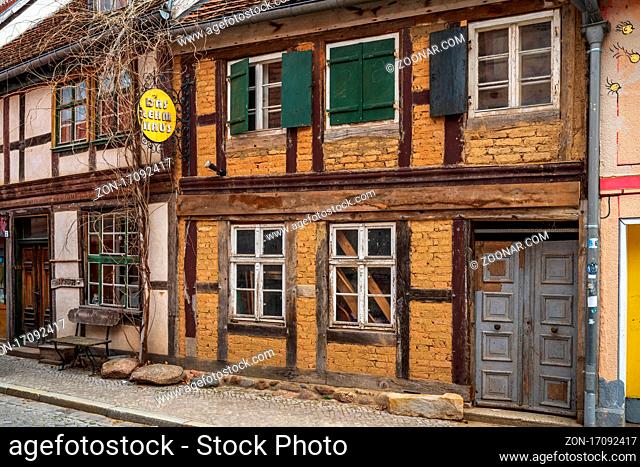 TANGERMUENDE, GERMANY - APRIL 24, 2021: Old and abandoned building on a historic town of Tangermuende. Saxony-Anhalt state