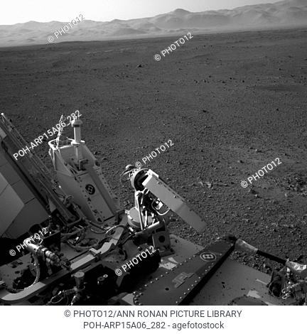 The image shows the deck of NASA's Curiosity rover taken from one of the rover's Navigation cameras looking toward the back left of the rover