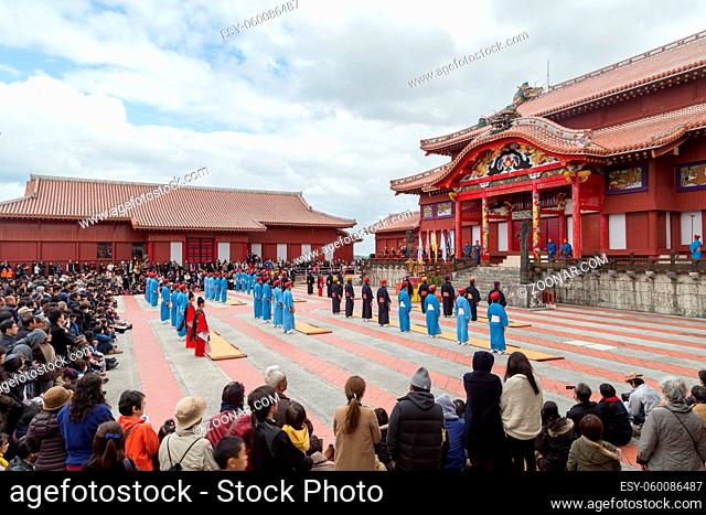 Okinawa, Japan - January 02, 2015: Dressed-up people at the traditional New Year celebration at Shuri-jo castle
