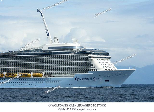 The Ovation of the Seas is a Quantum-class cruise ship owned by Royal Caribbean International, here cruising through Stephens Passage, Southeast Alaska, USA