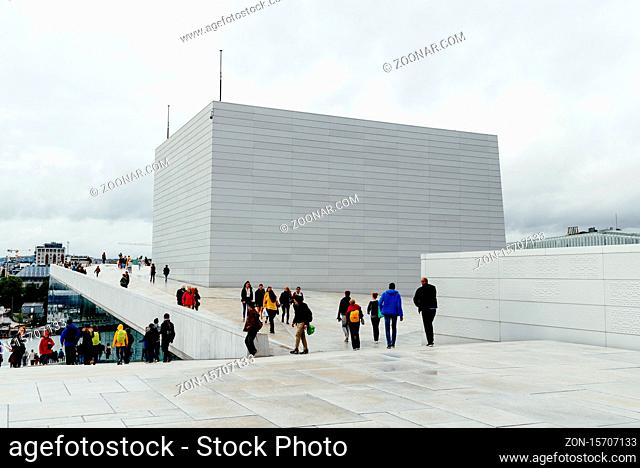 Oslo, Norway - August 11, 2019: Exterior view of Opera house in Oslo. New modern building designed by Snohetta architects