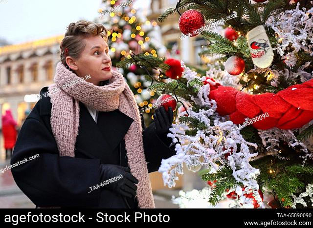 RUSSIA, MOSCOW - DECEMBER 19, 2023: Fashion designer Alexandra Kabanovich attends the opening of an exhibition of designer Christmas trees in Kuznetsky Most...