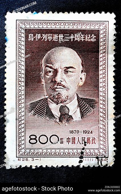 CHINA - CIRCA 1954: A stamp printed in China shows a Portrait of Vladimir Ilyich Lenin with the inscription 1870 - 1924 from the series
