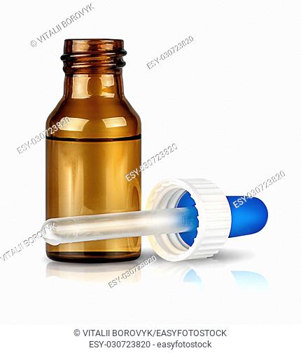 Nasal spray isolated on white background. Bottle with medicine and pipette