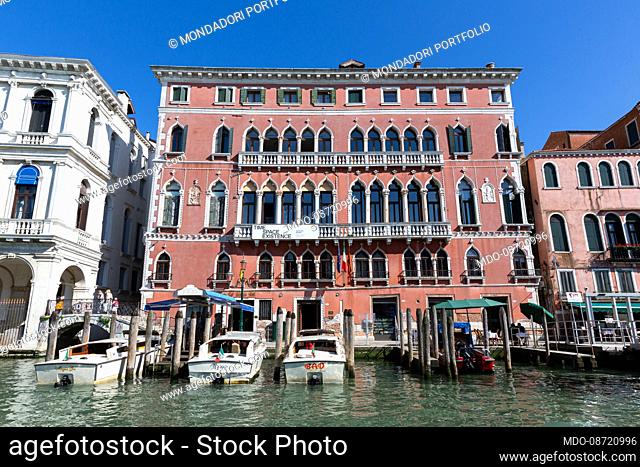 Facade of Palazzo Bembo, located in the San Marco district and overlooking the Grand Canal, near the Rialto Bridge. Venice (Italy), May 31st, 2021