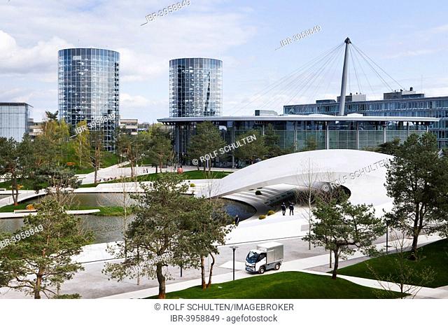 Car towers at the customer center, front right the brand pavilion of Porsche, Autostadt of the Volkswagen AG, Wolfsburg, Lower Saxony, Germany