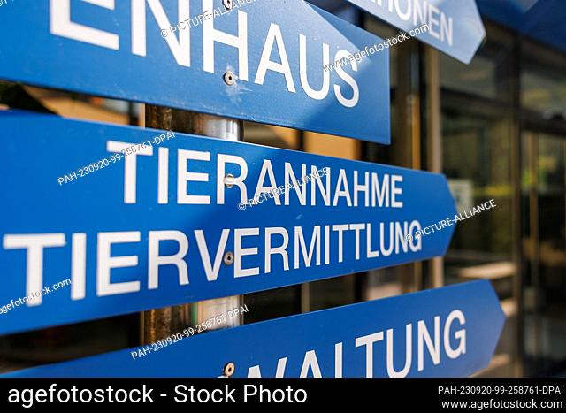 PRODUCTION - 11 September 2023, Bavaria, Nuremberg: ""Tierannahme - Tiervermittlung"" is written on a sign at the entrance to the animal shelter in Nuremberg