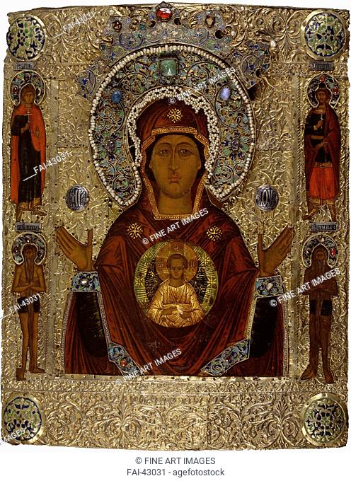 The Virgin of the Sign by Russian icon /Tempera on panel/Russian icon painting/Mid of 16th cen./Russia, Novgorod School/State Museum of Architecture