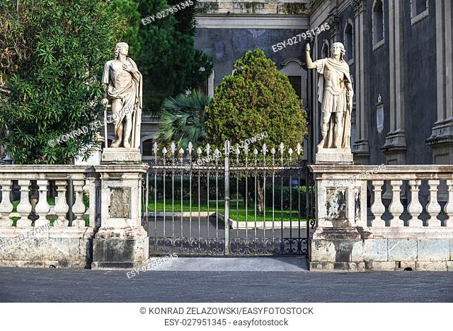 Gate of Roman Catholic Metropolitan Cathedral of Saint Agatha on Cathedral Square in Catania city on the east side of Sicily Island, Italy