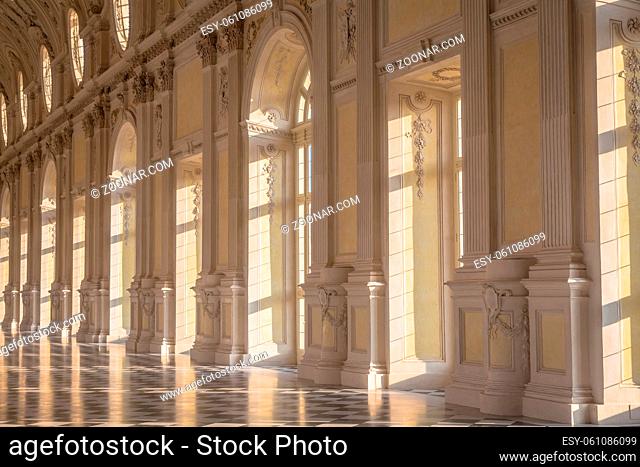 VENARIA REALE, ITALY - CIRCA SEPTEMBER 2020: luxury marble for this gallery interior. The Great Gallery is located in Reggia di Venaria Reale (Venaria Royal...