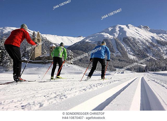 Winter sports, Switzerland, cross-country skiing, group, three, canton Graubünden, Grisons, Bündnerland, cross-country, skiing, Engadin, Oberengadin, persons