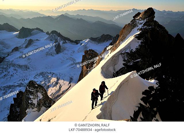 Mountaineers in the Breche Diable, Arete du Diables at Mont Blanc du Tacul, Mont Blanc Group, France