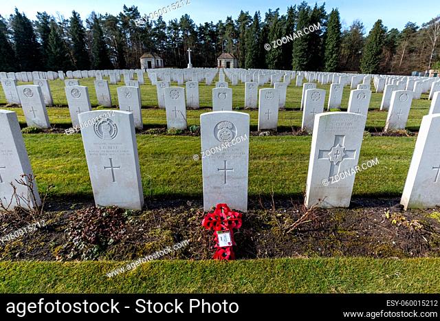 Becklingen, Germany - April 2, 2018: Gravestones at the British War Cemetery in Becklingen