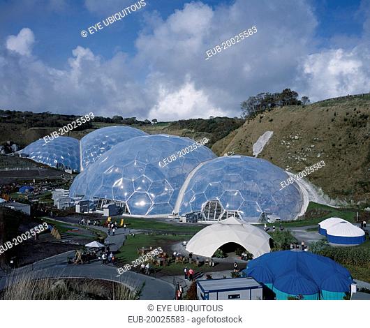 Eden Project. View over temperate domes with tropical domes behind