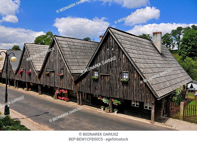 Houses called Twelve Apostles - a set of wooden weavers' houses, from 1707 in Chelmno Slaskie, Lower Silesian Voivodeship, Poland