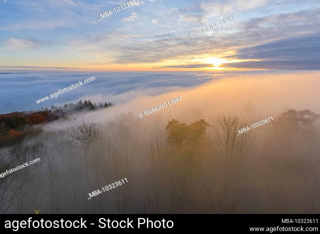 View from the mountain at sunrise to sea of clouds in autumn, Katzenbuckel, Waldbrunn, Odenwald, Baden-Württemberg, Germany
