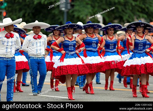 Washington, D.C., USA - May 28, 2018: The National Memorial Day Parade, Members of La Joya Palmview High School, Mariachi and Folklorico, from Rio Grande Valley