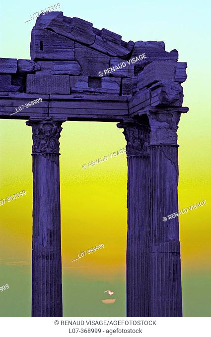 Ruins of the Temple of Apollo and Athena at sunset. Side. Turkey