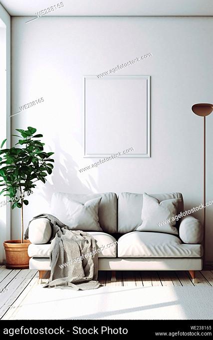 Mock up for a vertical frame, minimalist living room interior with a blank frame, gray sofa, indoor plant, and decorative vase on a side table