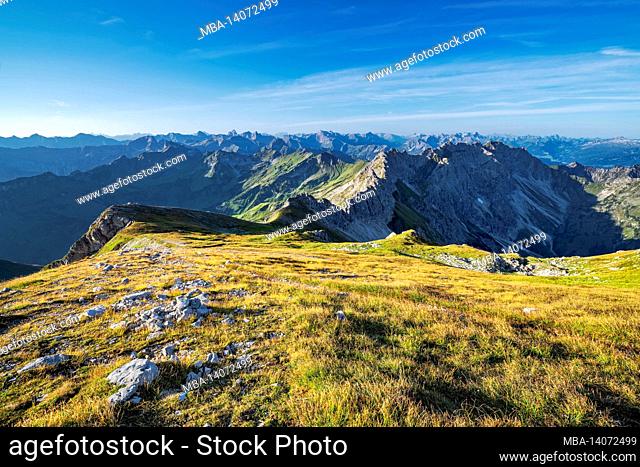 alpine mountain landscape on a sunny summer day. view from the großer thumb to the nebelhorn and the allgäu high alps. allgäu alps, bavaria, germany, europe