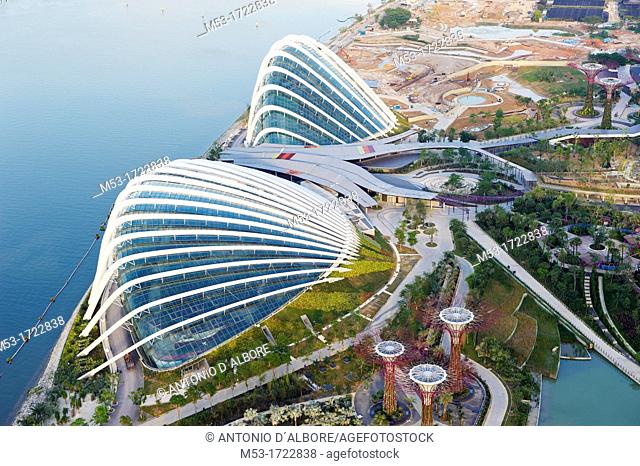Aerial view of the building site of Gardens By The Bay, a modern concept garden with showcase of horticulture and garden artistry located in Marina Bay  The two...