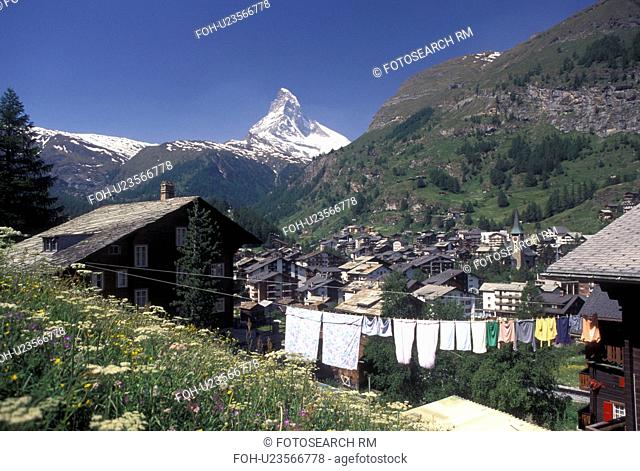 Zermatt, Switzerland, Valais, Alps, Matterhorn, Scenic view of the mountain resort village of Zermatt with a view of the Matterhorn in the Swiss Alps
