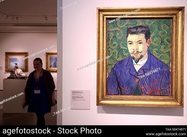 RUSSIA, MOSCOW - APRIL 17, 2023: Painting ""Portrait of Doctor Rey"" (1889) by Vincent van Gogh is on display at an exhibition titled 'After Impressionism' at...