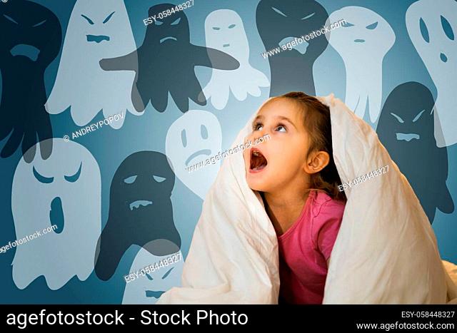 Monster And Ghost Hiding Under Blanket At Home In Dark