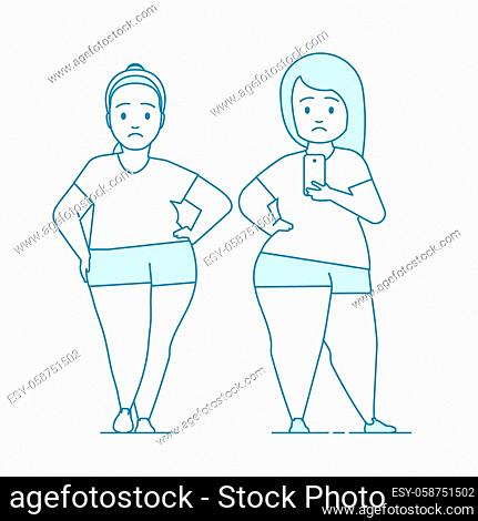 Fat girls in sportswear makes selfie. A young woman is unhappy with her body. The process of obesity. Fat people have problems