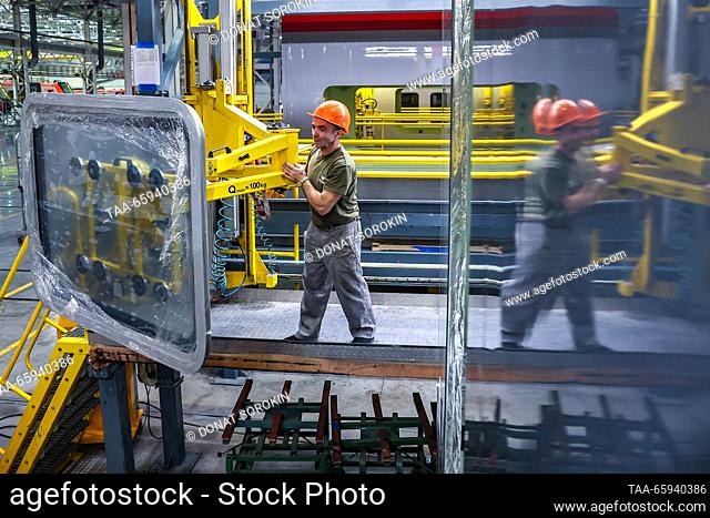 RUSSIA, SVERDLOVSK REGION - DECEMBER 19, 2023: Assembling Lastochka ES104 high-speed electric train carriages at the Ural Locomotives plant in the town of...