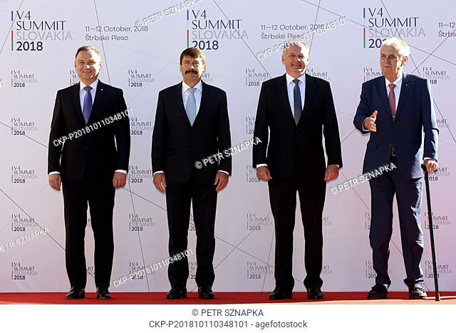 From left Presidents of Poland ANDRZEJ DUDA, of Hungary JANOS ADER, of Slovakia ANDREJ KISKA and Czech MILOS ZEMAN pose for photographers during the welcome...