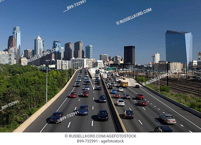 Interstate 76 Schuylkill Expressway Downtown Skyline  Philadelphia  Pennsylvania  USA