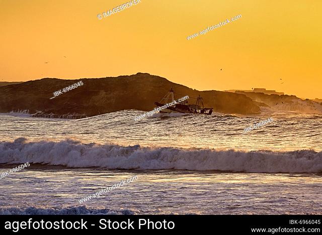 Fishing boat with seagulls in the surf, sunset over Mogador Island, Atlantic coast, Essaouira, Marrakech-Safi, Morocco, Africa