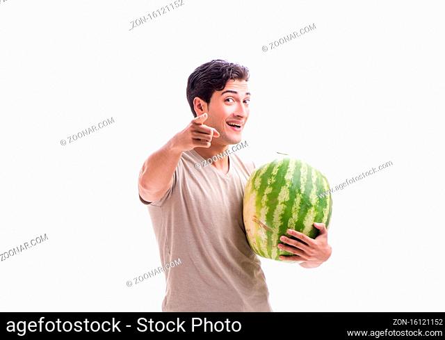 The young man with watermelon isolated on white