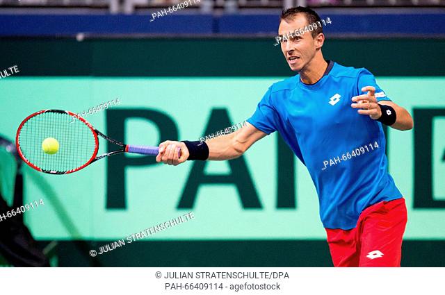 Czech Republic's Lukas Rosol in action during the Tennis match against Germany's Philipp Kohlschreiber at the World Group 1st Round of the Davis Cup in the TUI...