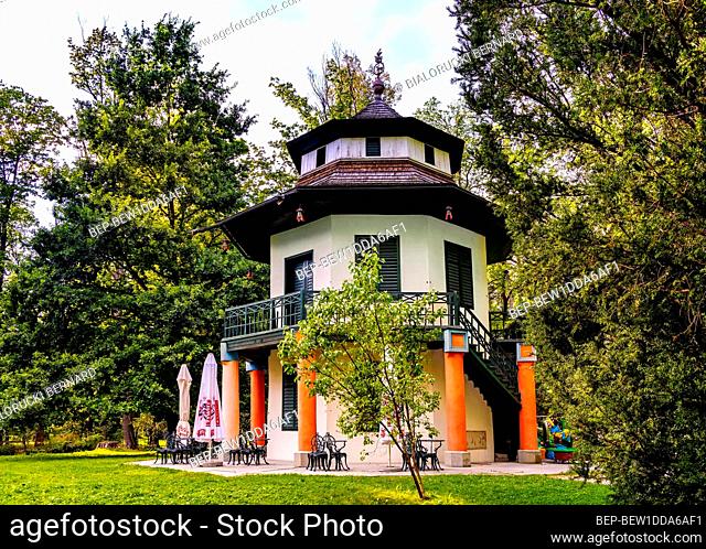 Zywiec, Poland - August 30, 2020: Chinese house in historic Zywiec Park surrounding castle and Habsburgs palace in old town city center in Silesia region of...