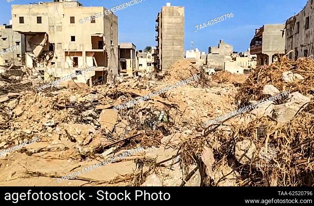 LIBYA, DERNA - SEPTEMBER 23, 2023: Buildings damaged by floods. Due to heavy rains caused by Storm Daniel flash floods were reported in several cities and towns...