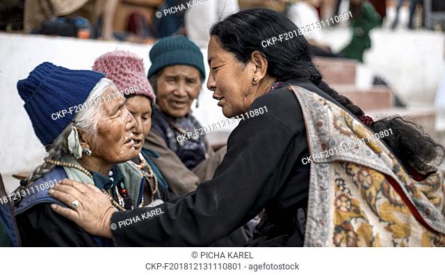 Ladakhi old women during celebrations of His Holiness Dalai Lama's birthday, Mulbekh, Ladakh, Jammu and Kashmir, India, July 6, 2018