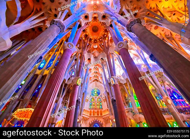Barcelona, Spain - June 15, 2019 - The interior of the main chapel of the Sagrada Familia which began construction in 1882