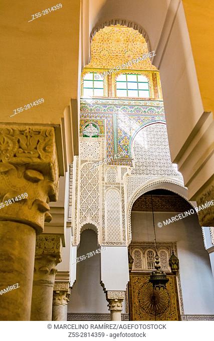 Gypsum arabesques decorating the interior of the Moulay Ismail Mausoleum. Meknes, Morocco, North Africa