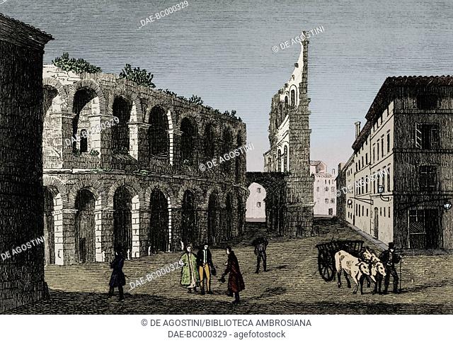 The amphitheatre (arena) in Verona, Veneto, Italy, engraving from L'album, giornale letterario e di belle arti, November 12, 1842, Year 9