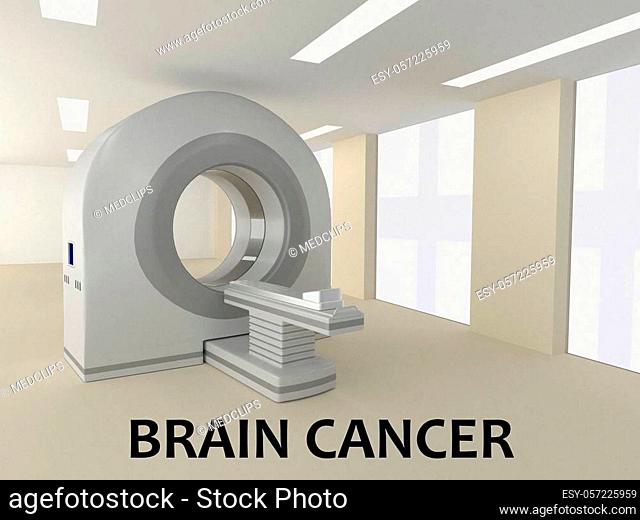 3D illustration of BRAIN CANCER title with a scanner as a background