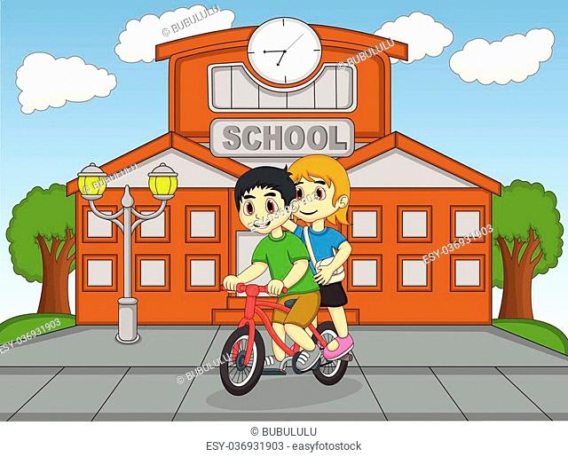 Little kids riding a bicycle in front of their school cartoon, Stock  Vector, Vector And Low Budget Royalty Free Image. Pic. ESY-036931903 |  agefotostock
