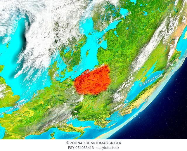 Satellite view of Poland highlighted in red on planet Earth with clouds. 3D illustration. Elements of this image furnished by NASA