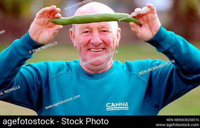 Joe Atherton with his new Guiness World Record winning heaviest Broad Bean Pod 106grams at the Malvern Autumn Show Canna UK National Giant Vegetables...