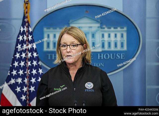 Federal Emergency Management Agency (FEMA) Administrator Deanne Criswell speaks during the daily press briefing in the James S