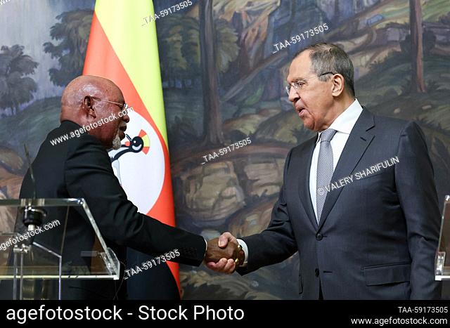 RUSSIA, MOSCOW - MAY 18, 2023: Uganda's Foreign Minister Jeje Odongo (L) and his Russian counterpart Sergei Lavrov shake hands during a joint press conference...
