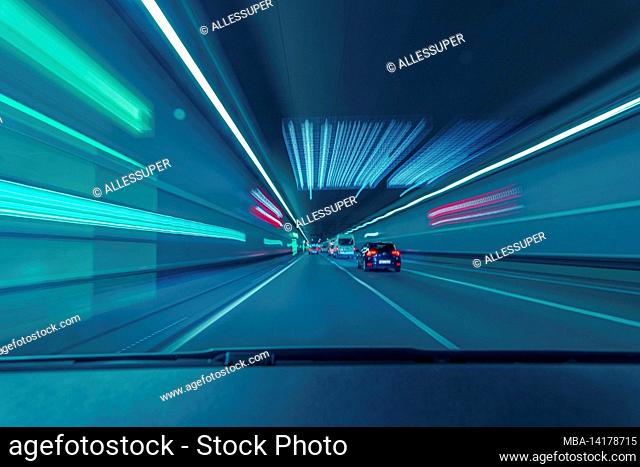 Highspeed drive through a underground tunnel from the car drivers view