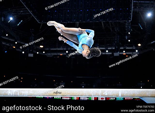 US' Skye Blakely pictured in action at the balance beam during the women's qualifications on the second day of the Artistic Gymnastics World Championships