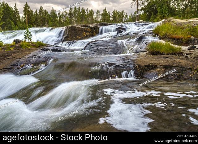 Storforsen with waterfalls and running water, nice surroundings with rocks and grass, , Bredsel, Norrbotten province, Sweden